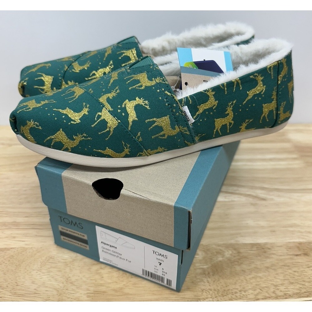 TOMS Green Glitter Reindeer Alpargata Ortholite Faux Fur Lined Slip-On NIB SZ 7